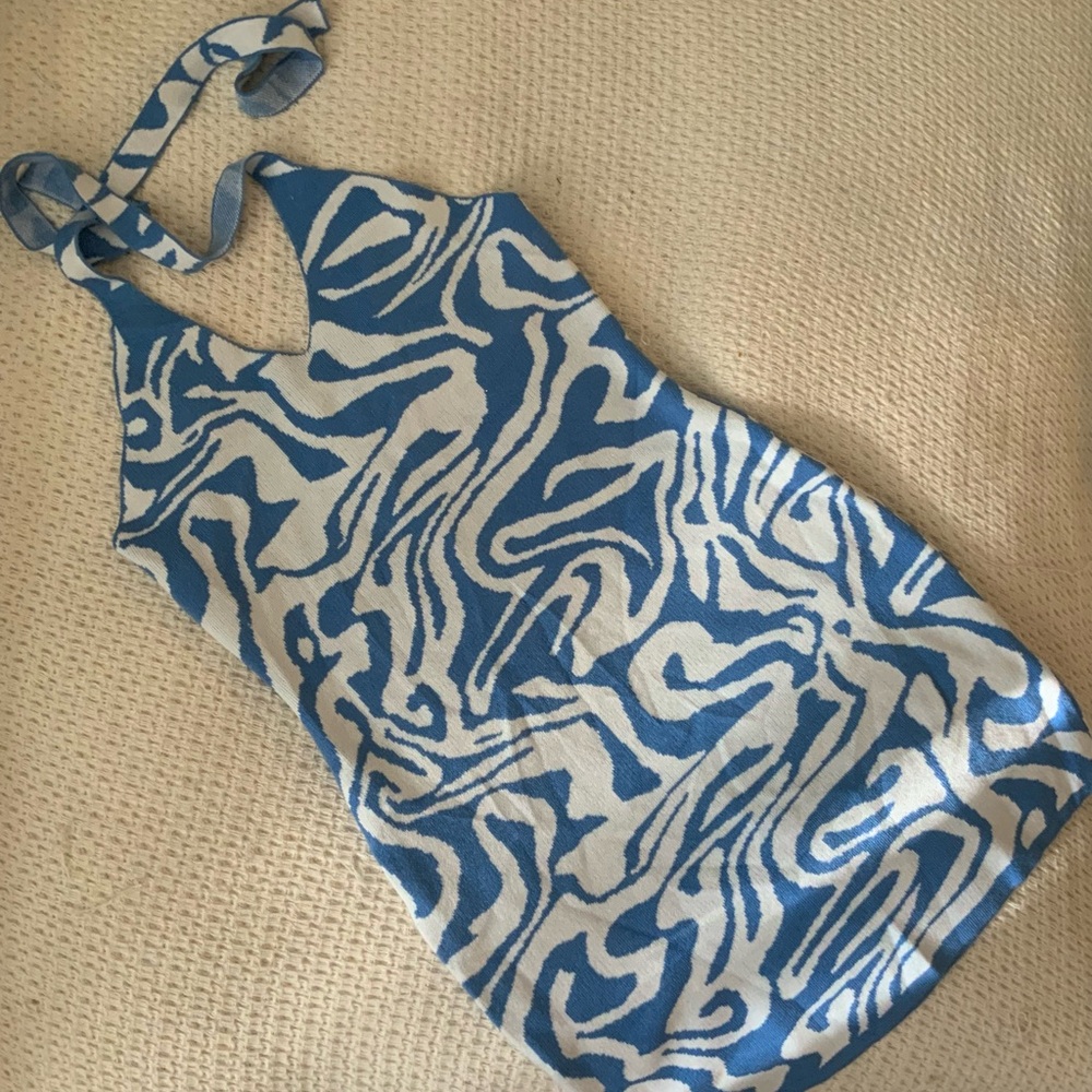 New with tags Cider Blue & White Swirl Knit 70s Vintage Style Mini Halter Dress - Picture 6 of 8